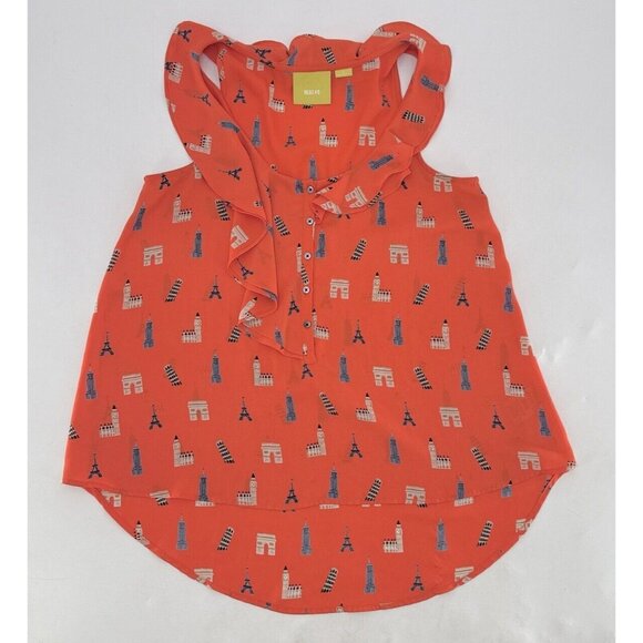 Anthropologie Maeve Aurelie Orange Travel Eiffel Tower Blouse Ruffles Sz 2, Boho - Picture 3 of 11